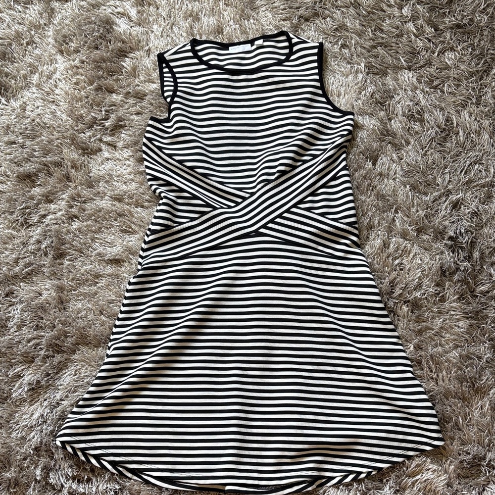 New York & Company Black and White Striped Sleeveless Fit-and-Flare Dress